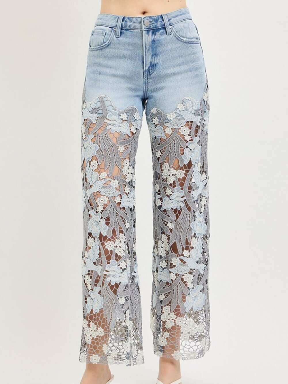 AR_PW21784 L Risen High Rise Wide Patchwork Lace Panel Jeans Various Sizes - Picture 2 of 4